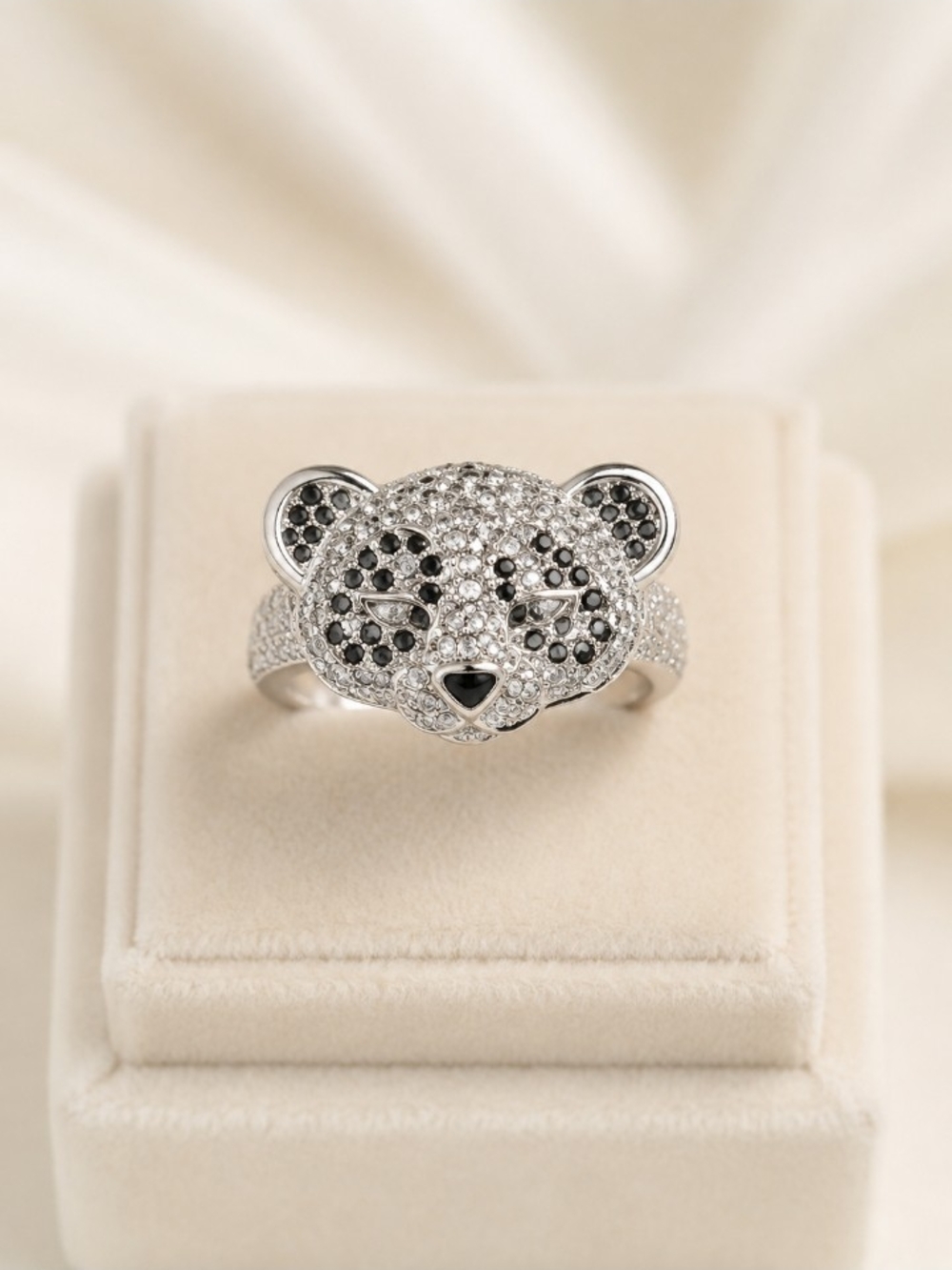 Silver and Black Pavé Leopard Face Ring